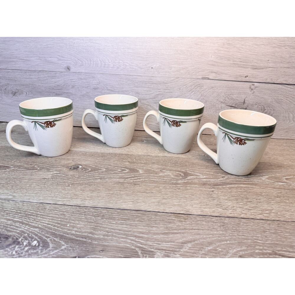 Cabela's Pinecone Folkcraft Stoneware 16 Oz Coffee Mugs ~set Of 4